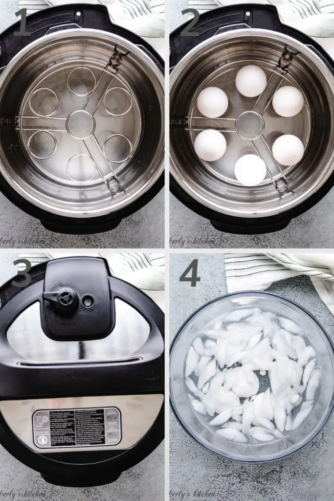 Collage style photo showing how to make boiled eggs in the Instant Pot.