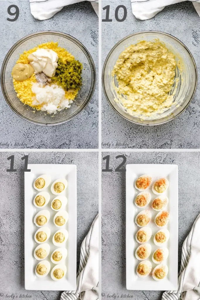 Collage style photo showing how to make deviled egg filling.