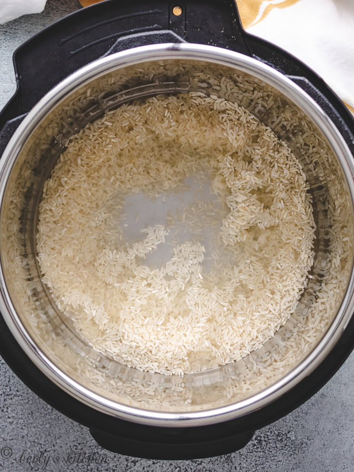 Top down view of rice and water in an Instant Pot.