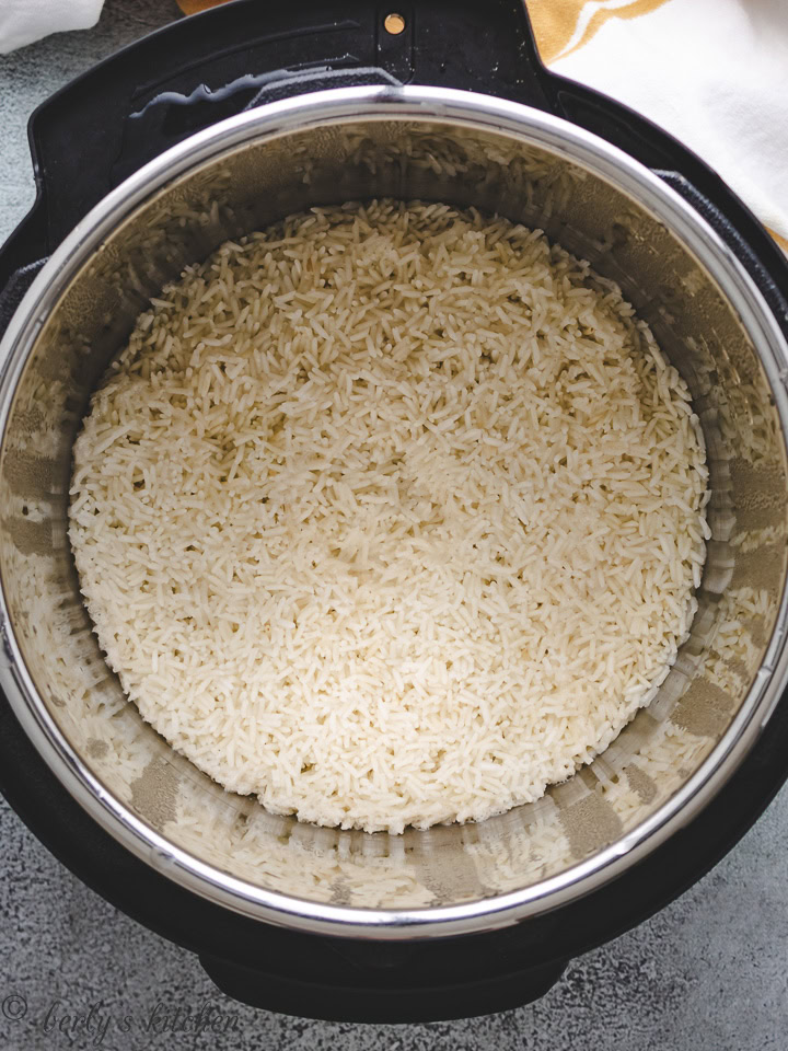 Top down view of cooked rice in an Instant Pot.