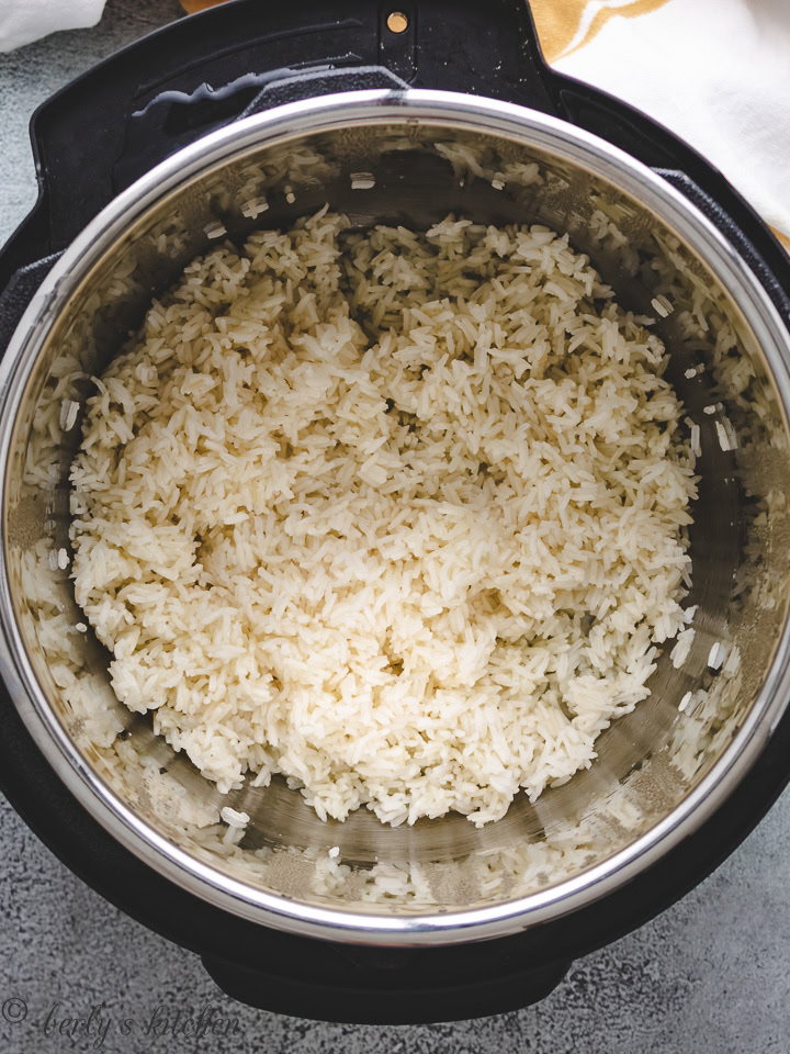 Fluffed white rice in an Instant Pot liner.