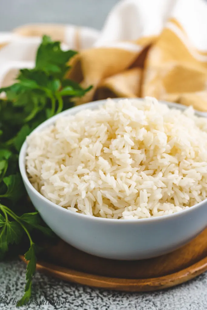Blue bowl with fluffed rice.
