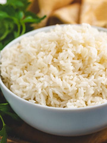 White rice in a blue bowl.