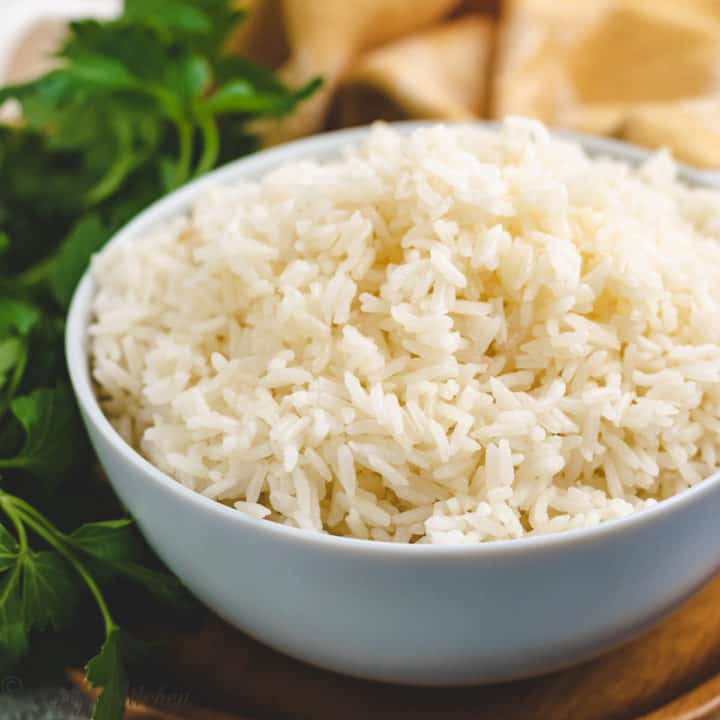 White rice in a blue bowl.