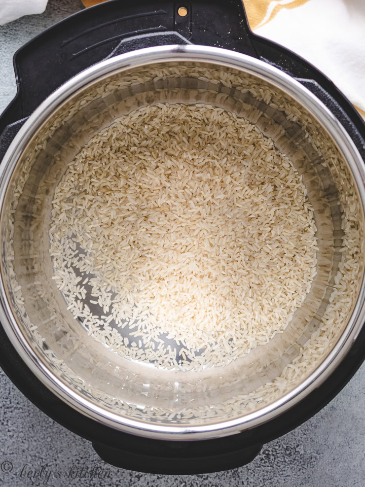 Top down view of rice in an Instant Pot.