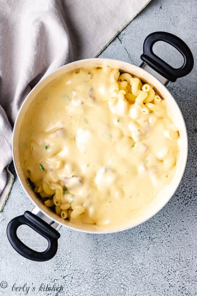 Cooked noodles with cheese sauce in a pan.