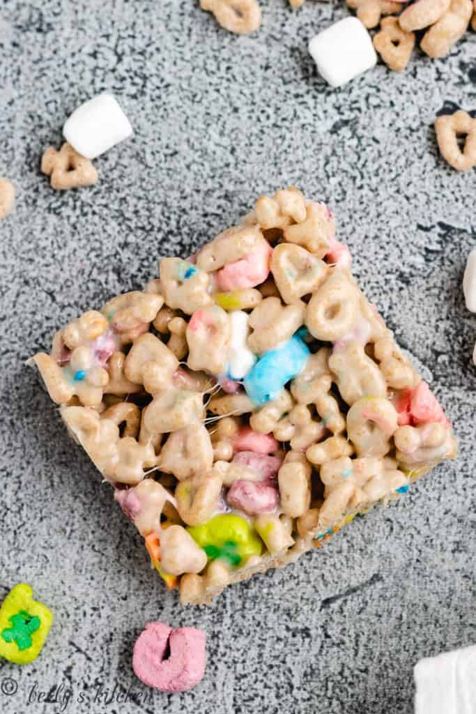 Top down view of a square marshmallow treat.