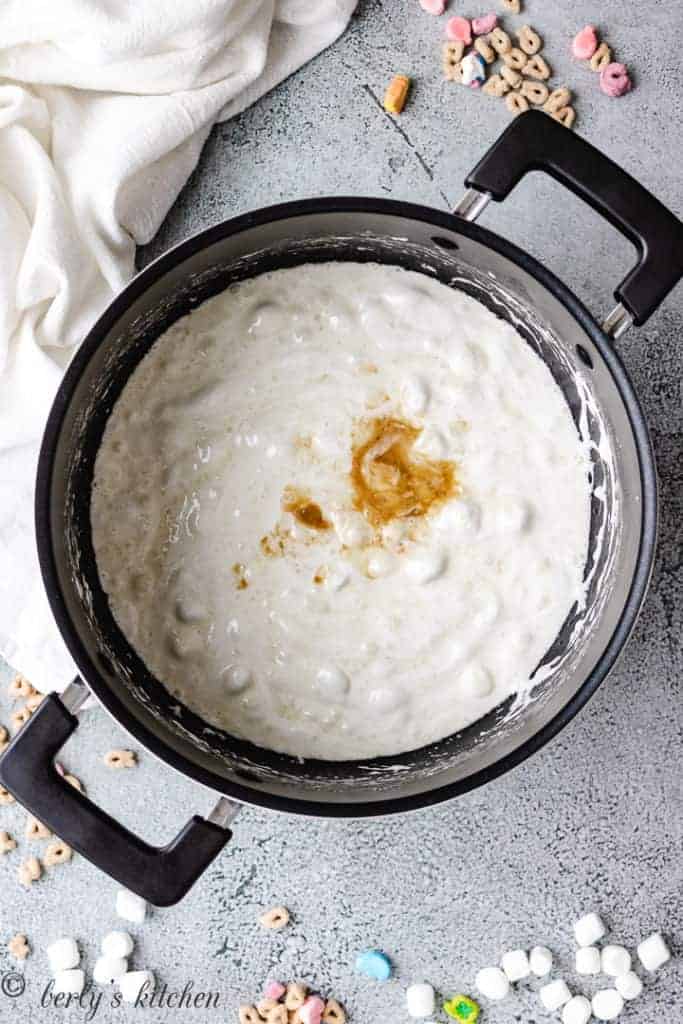 Melted marshmallows and butter in a large pan.