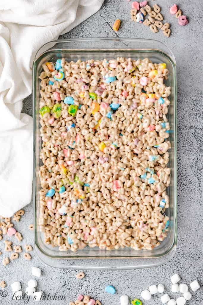 Lucky charms treats in a pan.