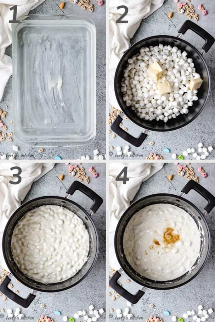 Collage style photo showing how to melt marshmallows and butter in a pan.