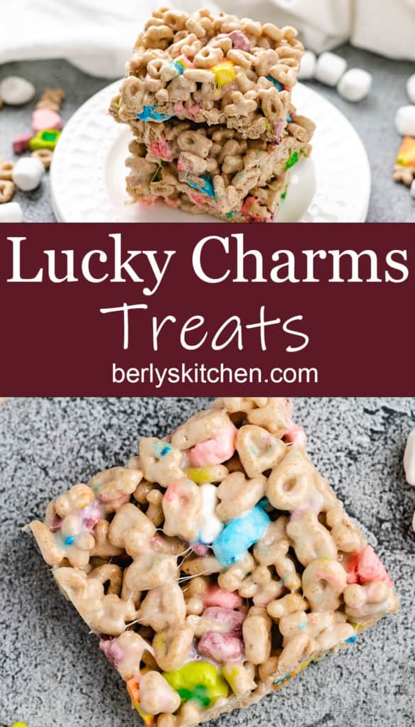 Collage style photo of two pictures of lucky charms treats.