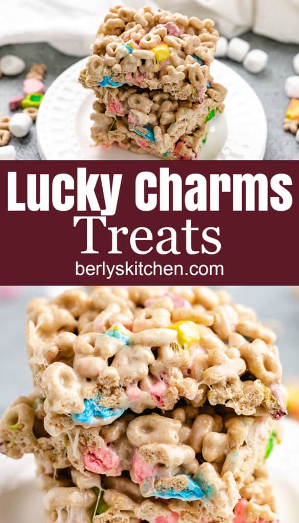 Collage style photo of lucky charms treats on a plate.