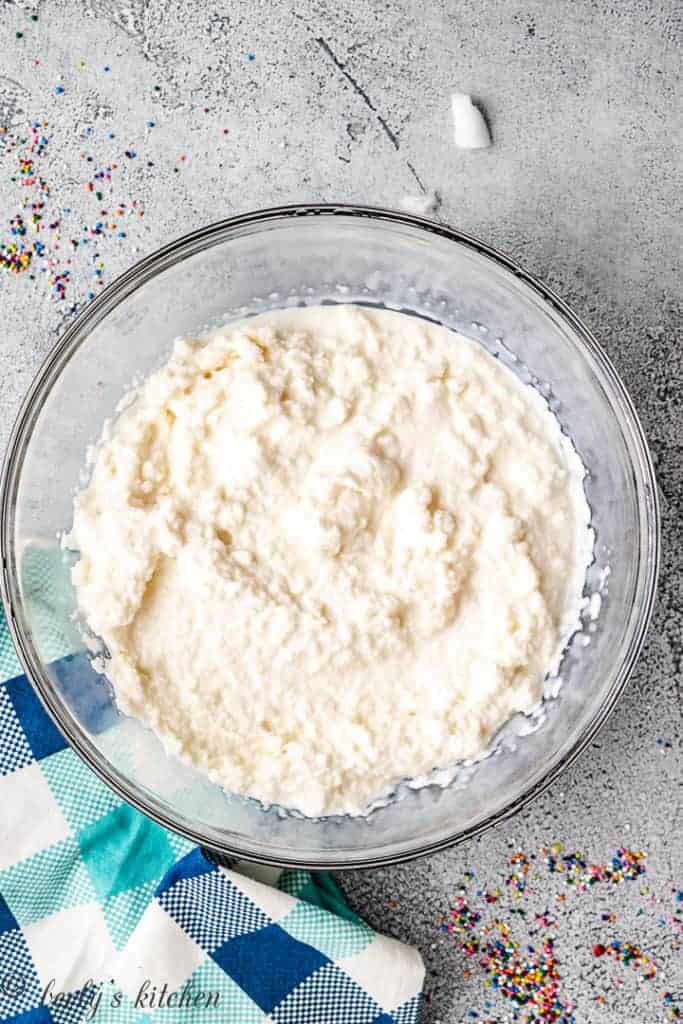 Snow ice cream in a glass bowl.