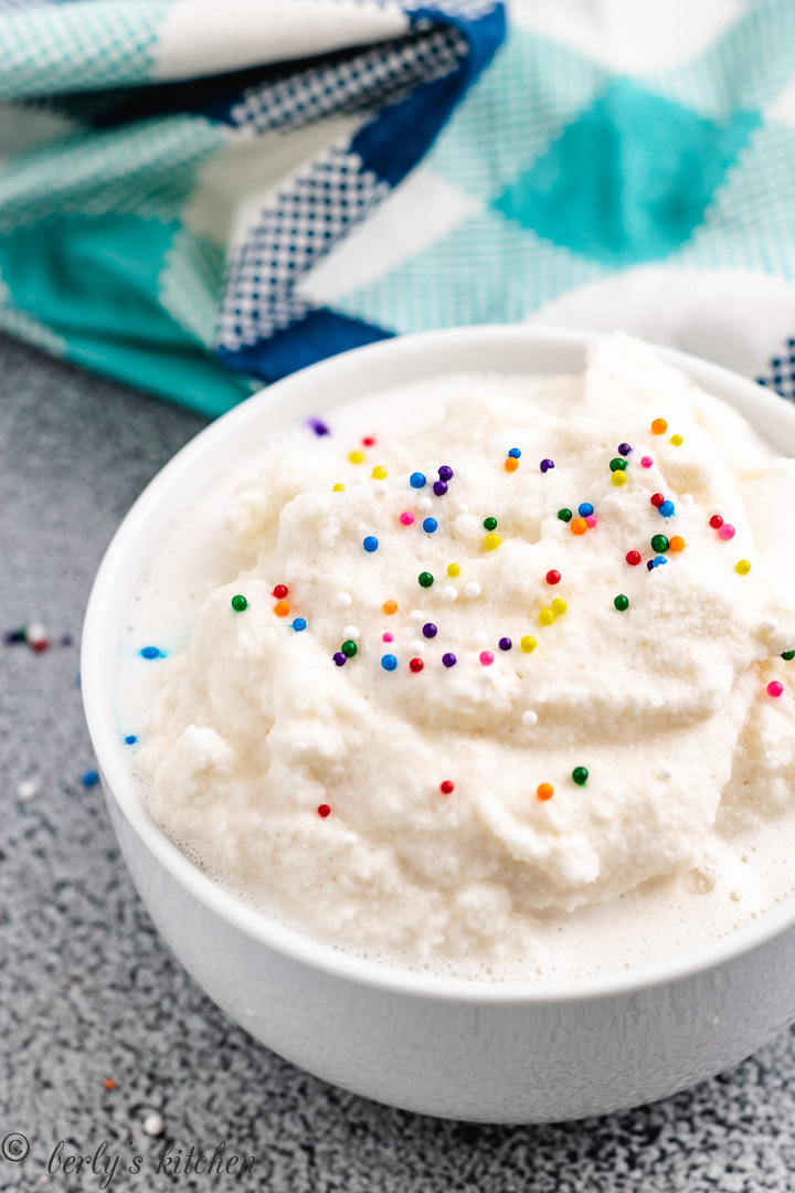Snow ice cream with rainbow sprinkles.