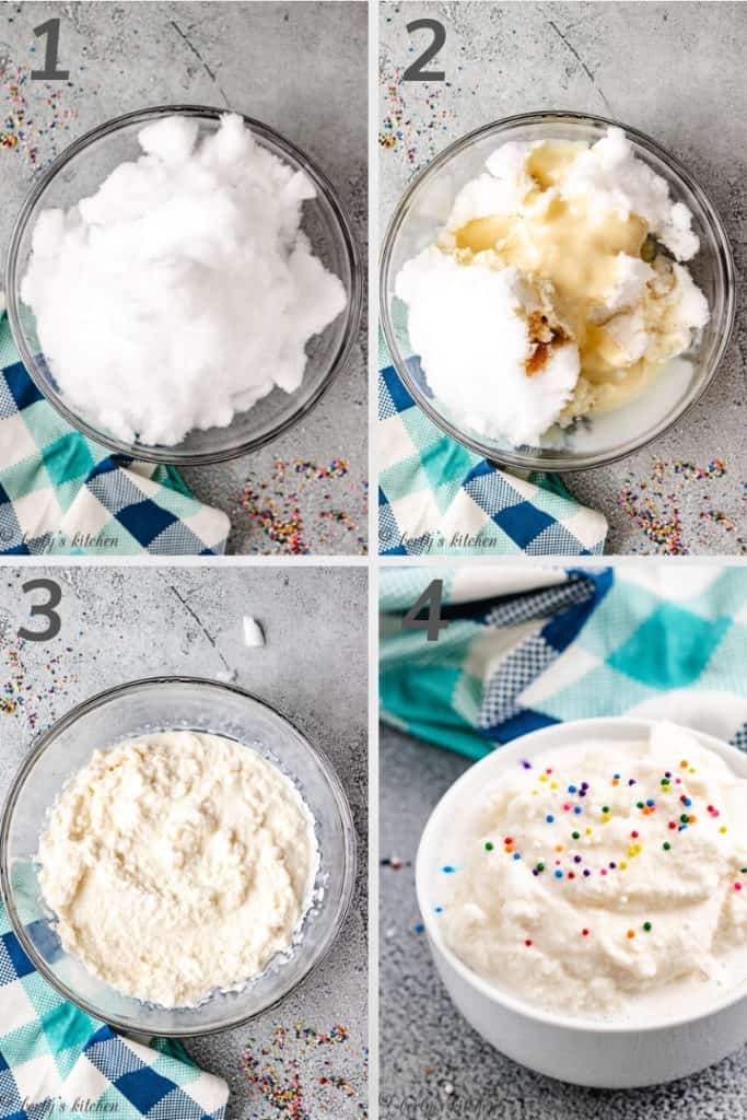 Collage style photo showing how to make snow ice cream.
