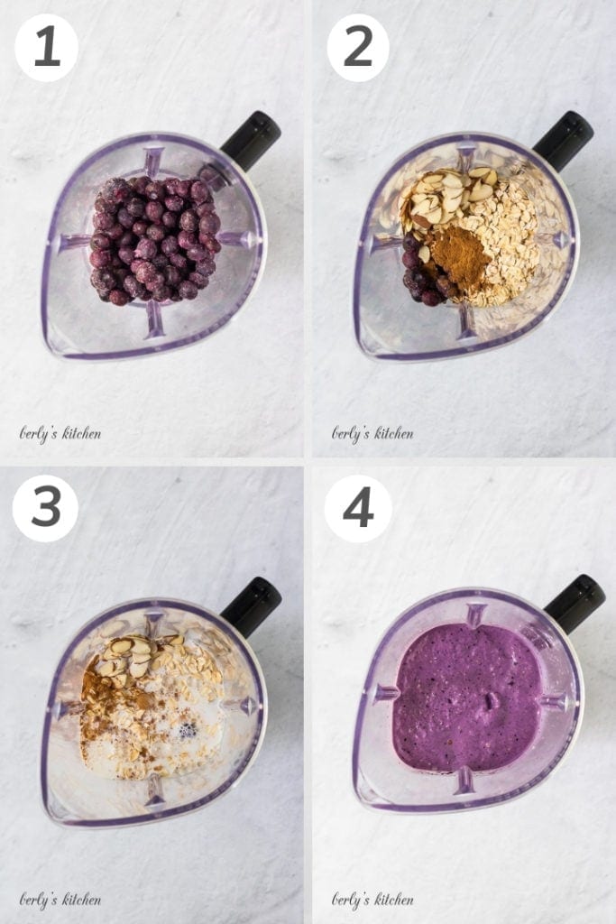 Collage showing how to make a blueberry smoothie.