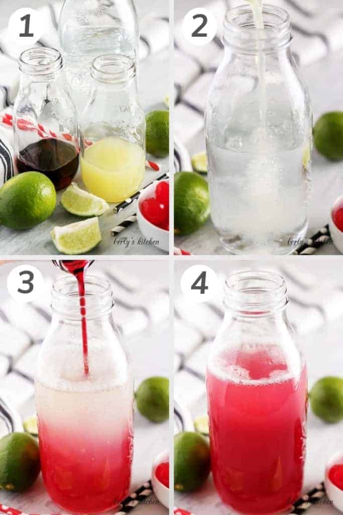 Collage showing how to make a homemade cherry limeade.