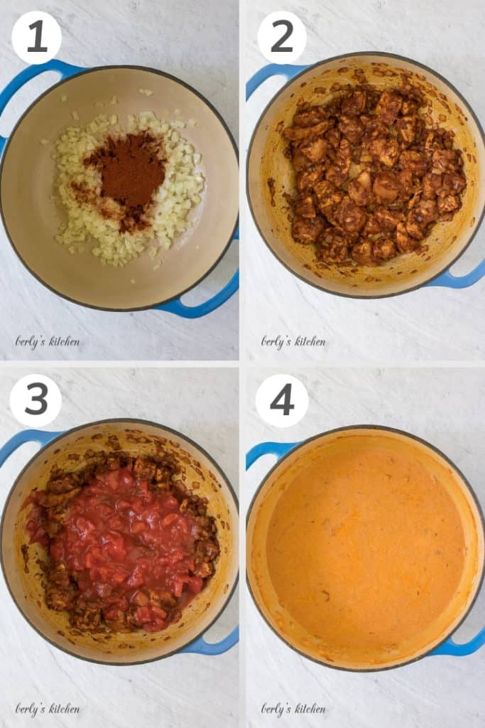Collage showing how to make chicken paprikash.