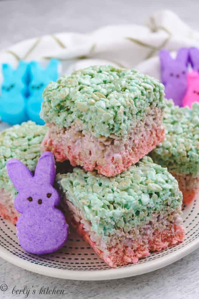 Purple peeps with layered easter rice krispie treats.