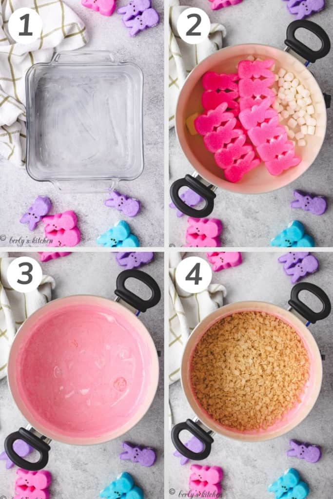 Collage style photo showing how to make pink rice krispie treats.