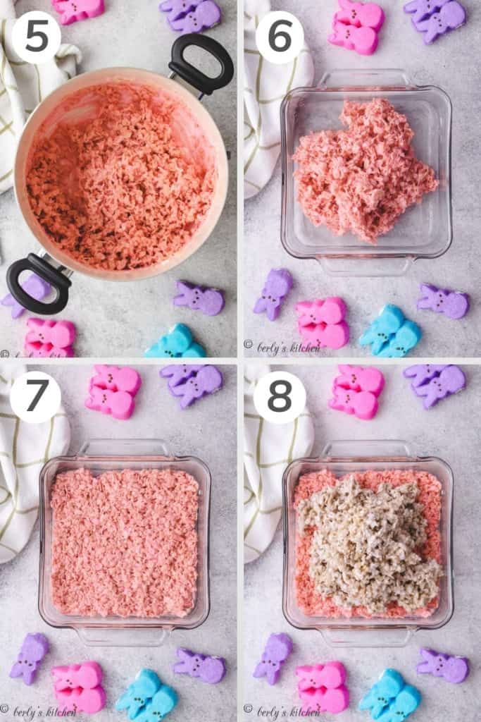 Collage showing how to make Easter rice krispie treats.