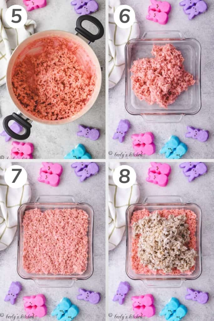 Collage showing how to make easter rice krispie treats.