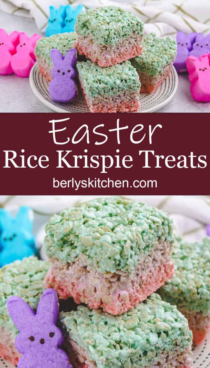 Collage style photo showing layered easter rice krispie treats.