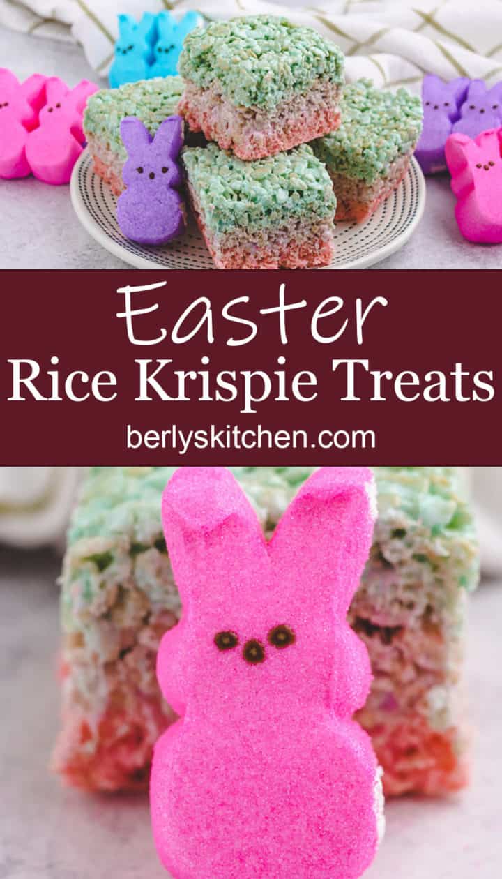 Collage style photo showing easter rice krispie treats.