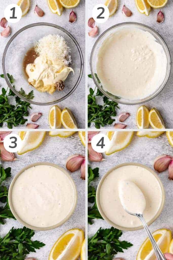 Collage style photo showing how to make homemade Caesar dressing.