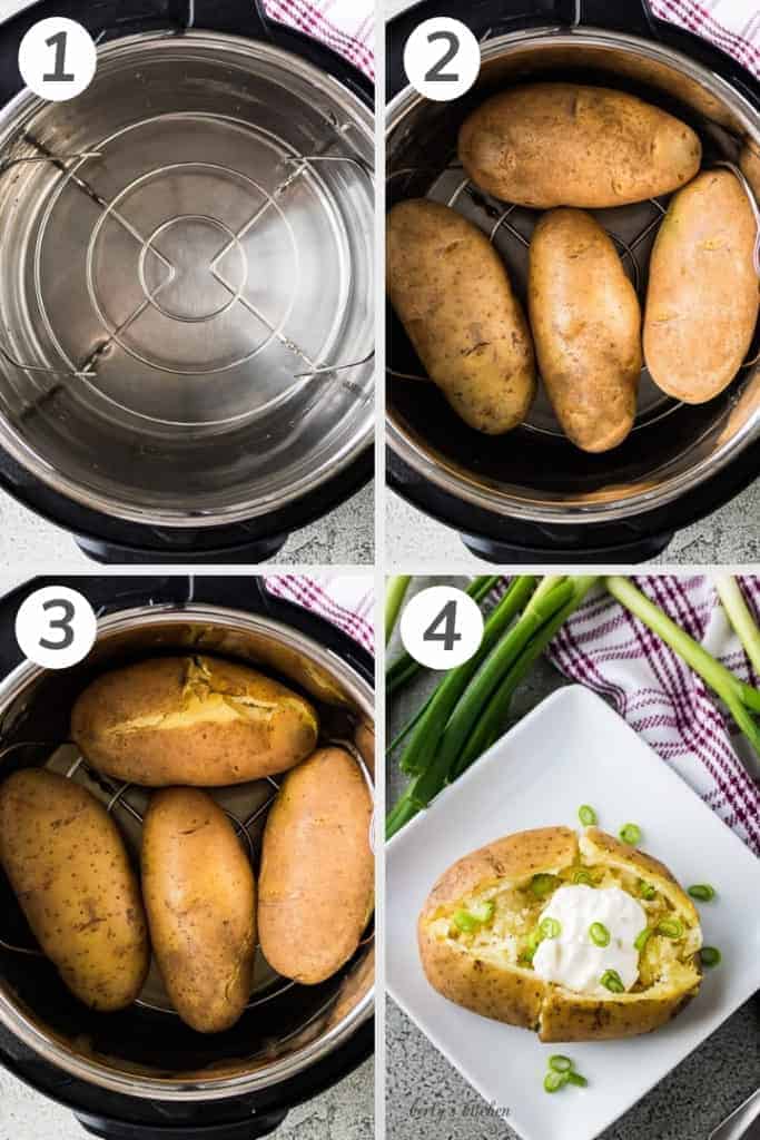 Collage style photo showing how to make instant pot baked potatoes.