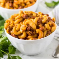 Close up of chili mac in a bowl.