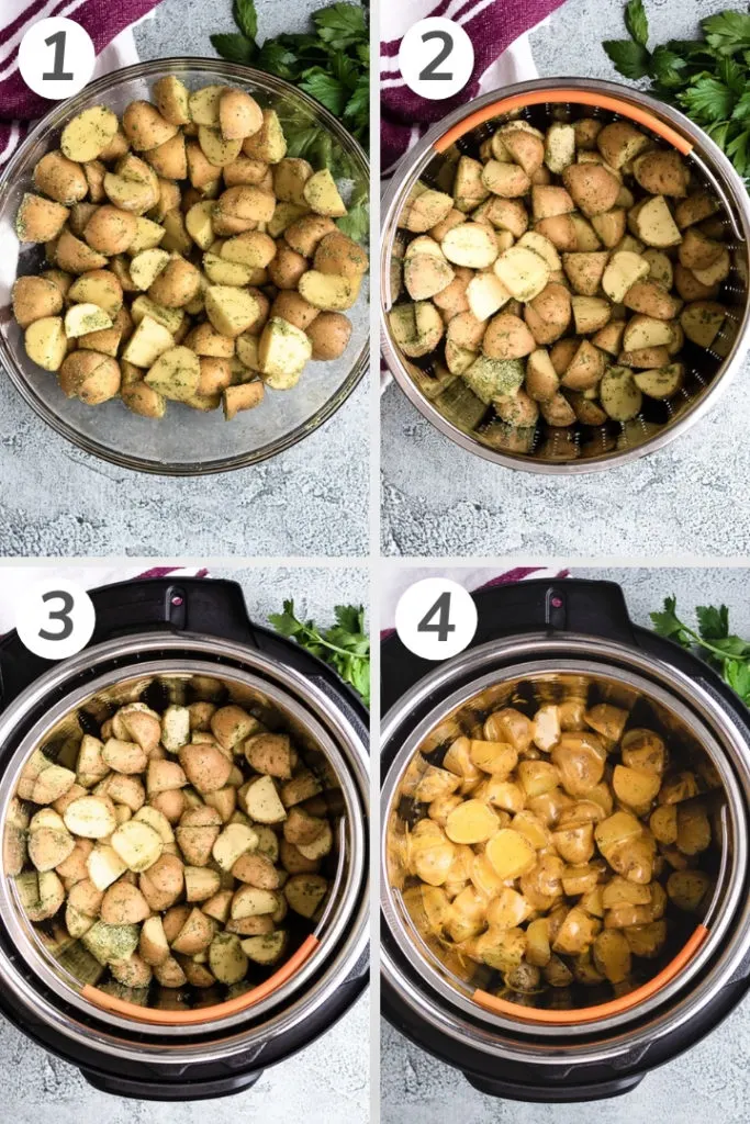 Collage showing how to make instant pot ranch potatoes.