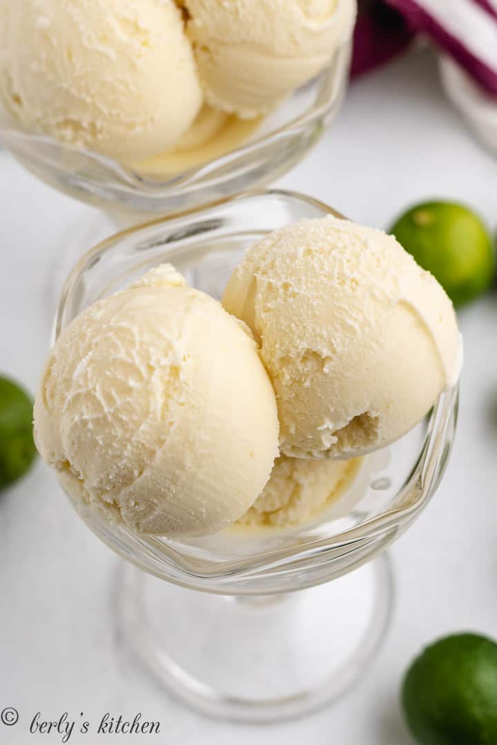 Top down view of ice cream in a glass cup.