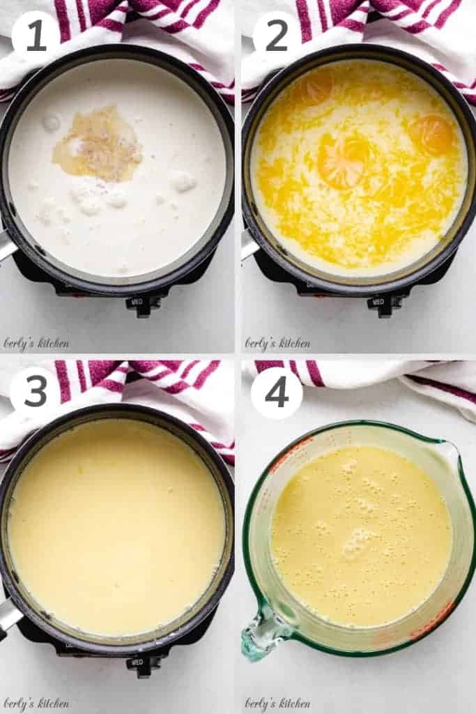Collage style photo showing how to make custard base for ice cream.