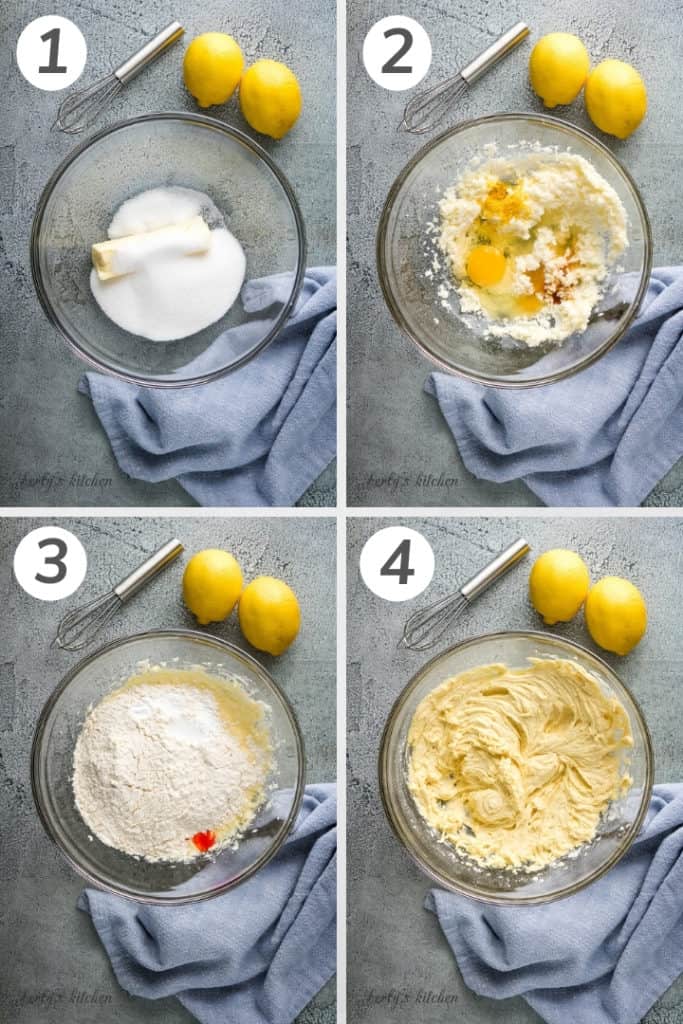 Collage style photo showing how to make lemon crinkle cookies.