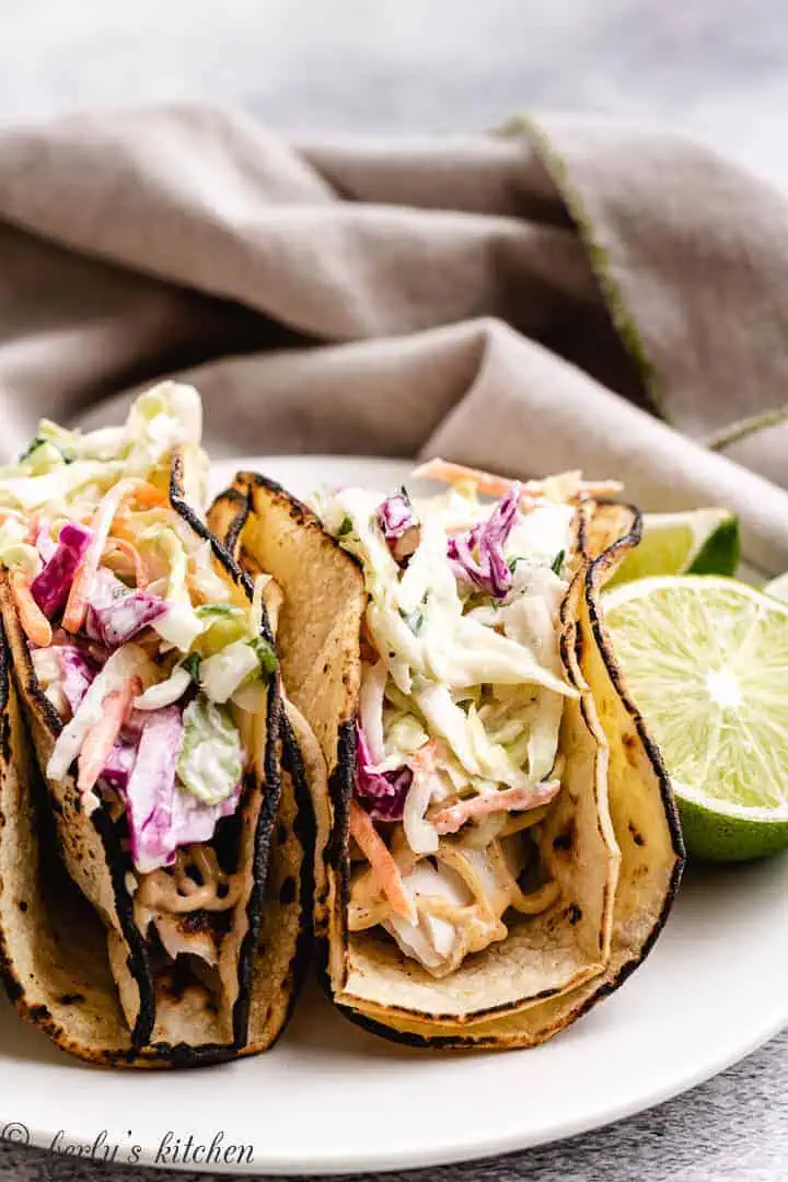 Mahi mahi tacos on a platter.