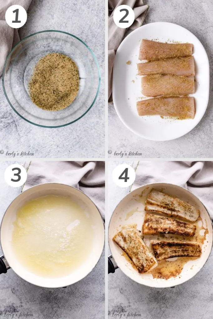 Collage style photo showing how to make mahi mahi fish tacos.