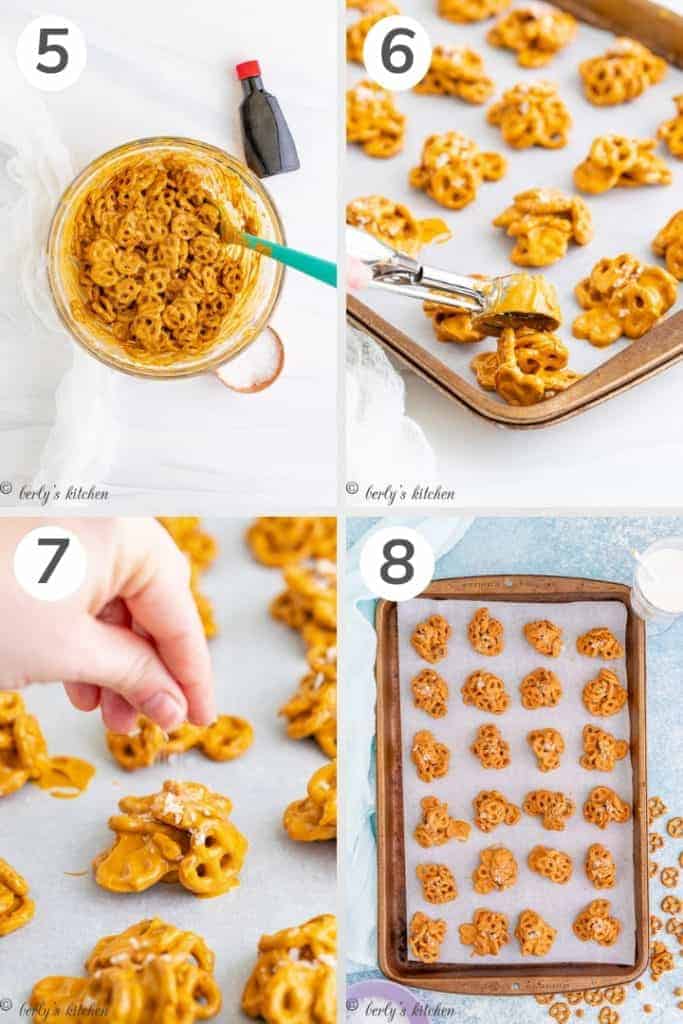 Collage showing how to salt and scoop peanut butter pretzel cookies.