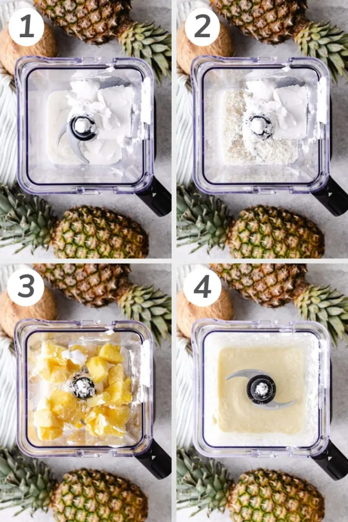 Collage style photo showing how to make a pina colada smoothie.