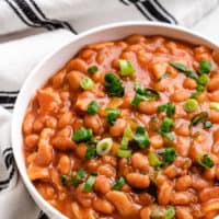 Top down view of baked beans in a dish.