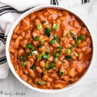 Close up of baked beans in a white dish.