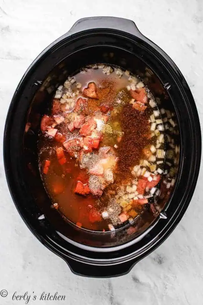 Top down view of uncooked chicken breasts, seasonings, and broth in a slow cooker.