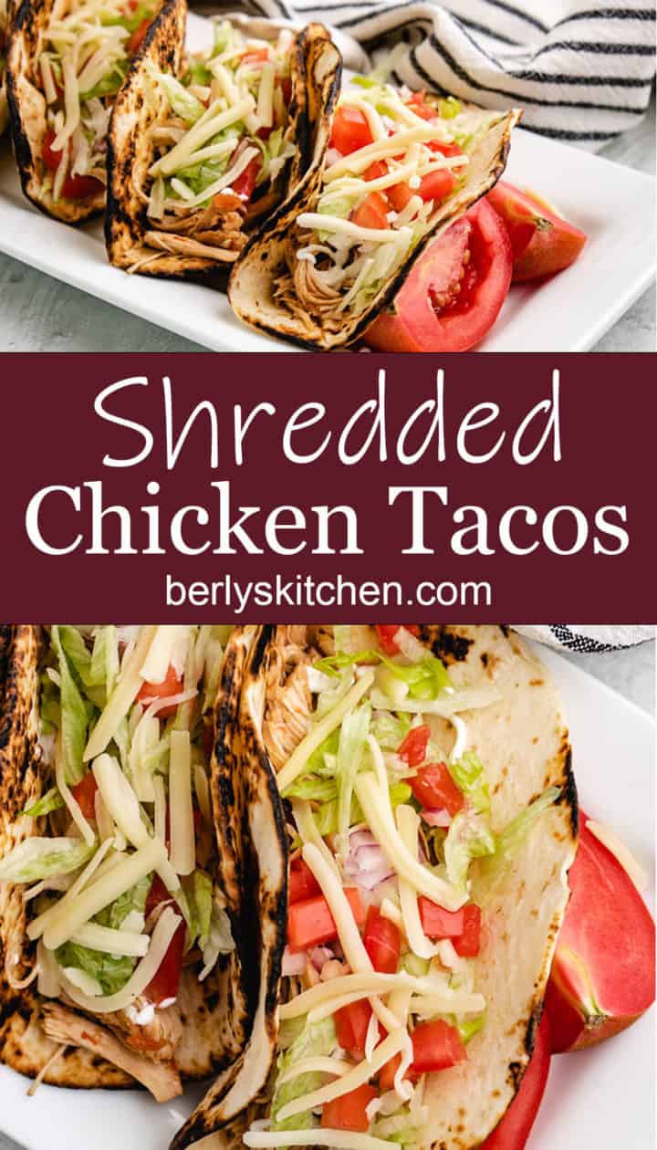 Collage style photo of shredded chicken tacos on a white plate.