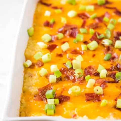 Potato casserole topped with onions.