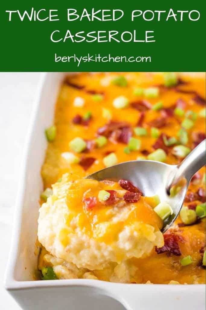 A scoop of twice baked potato casserole with bacon and cheese.