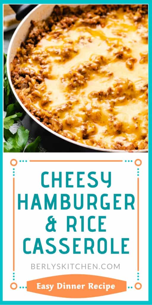 Cheesy hamburger rice casserole in a black pan.