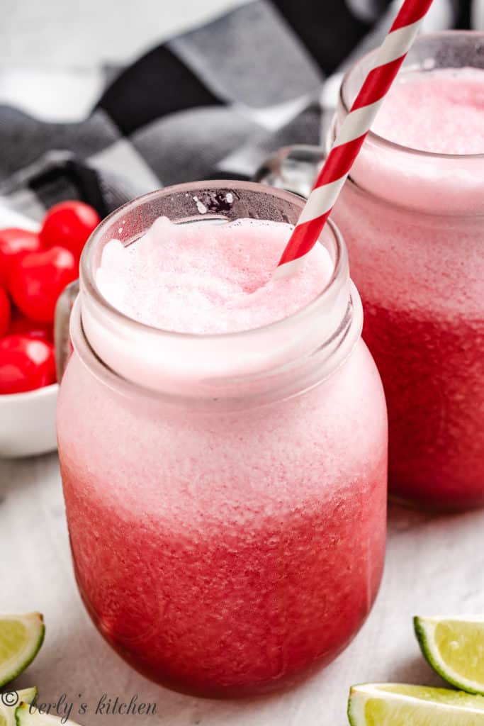 Mug of frozen cherry limeade.