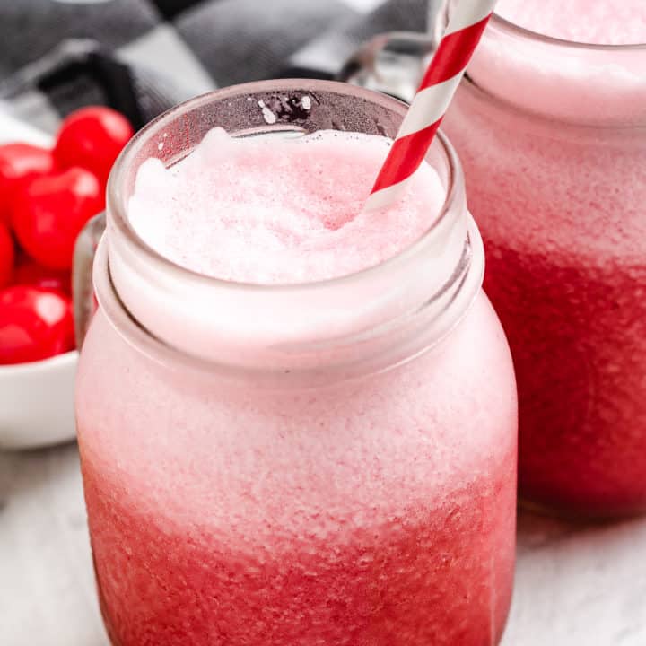 Cherry Limeade Slush Mug of frozen cherry limeade.