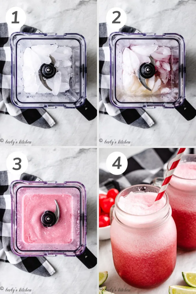 Collage style photo showing how to make cherry limeade slush.