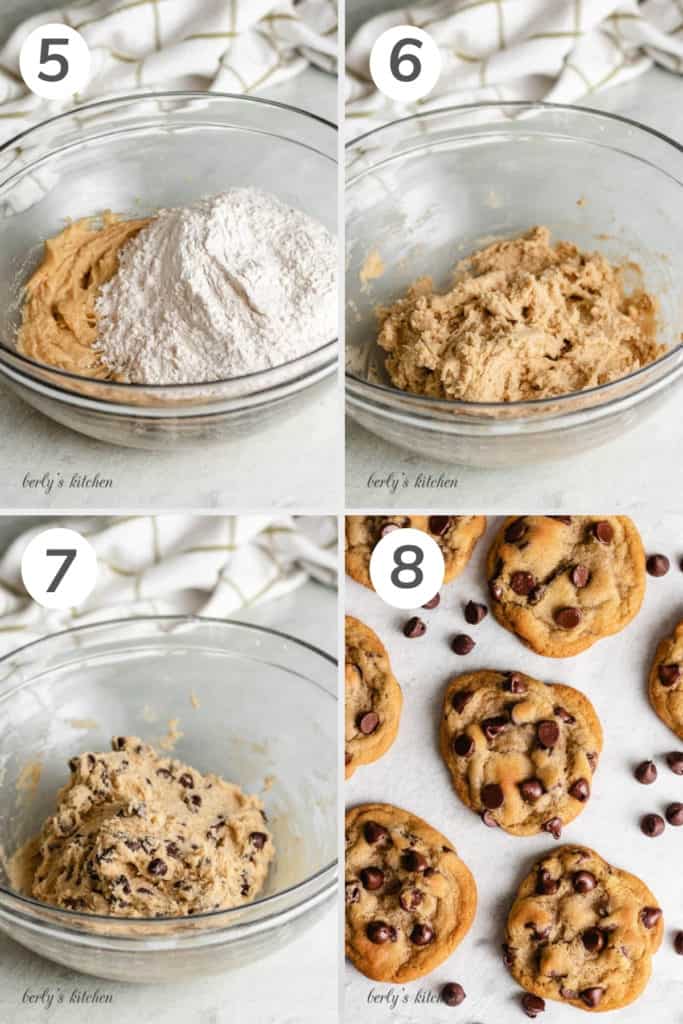 Collage showing cookie dough being mixed in a bowl.